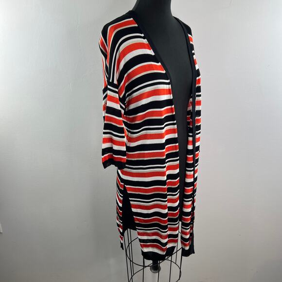 KAREN MILLEN Black Orange White Long Open Cardigan Stripe Side Slit Sz Medium M - Picture 6 of 12